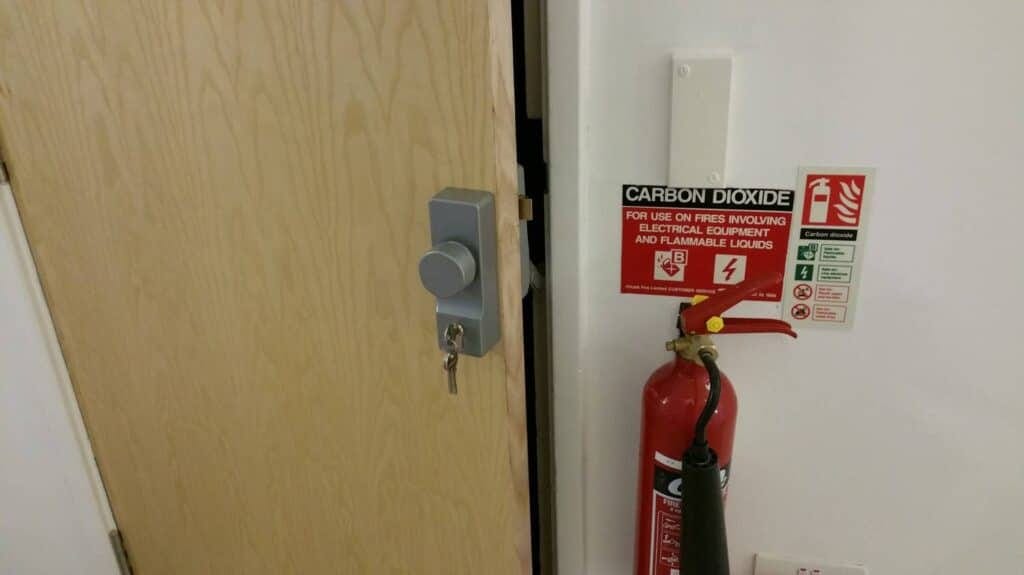 Full Installation of Internal Fire Doors in Falmouth 6 - Push to Exit Push Bar with External Access Device fitted.
