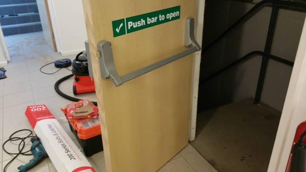 Full Installation of Internal Fire Doors in Falmouth 7 - Push to Exit Push Bar with External Access Device fitted.