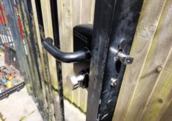 Gate lock repair Cornwall – new lever-handle lock and euro cylinder fitted to the gate in Redruth