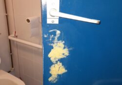 RADAR lock replacement Cornwall – new drop bar lock fitted to disabled toilet door at Sennen Community Hall (inner view)