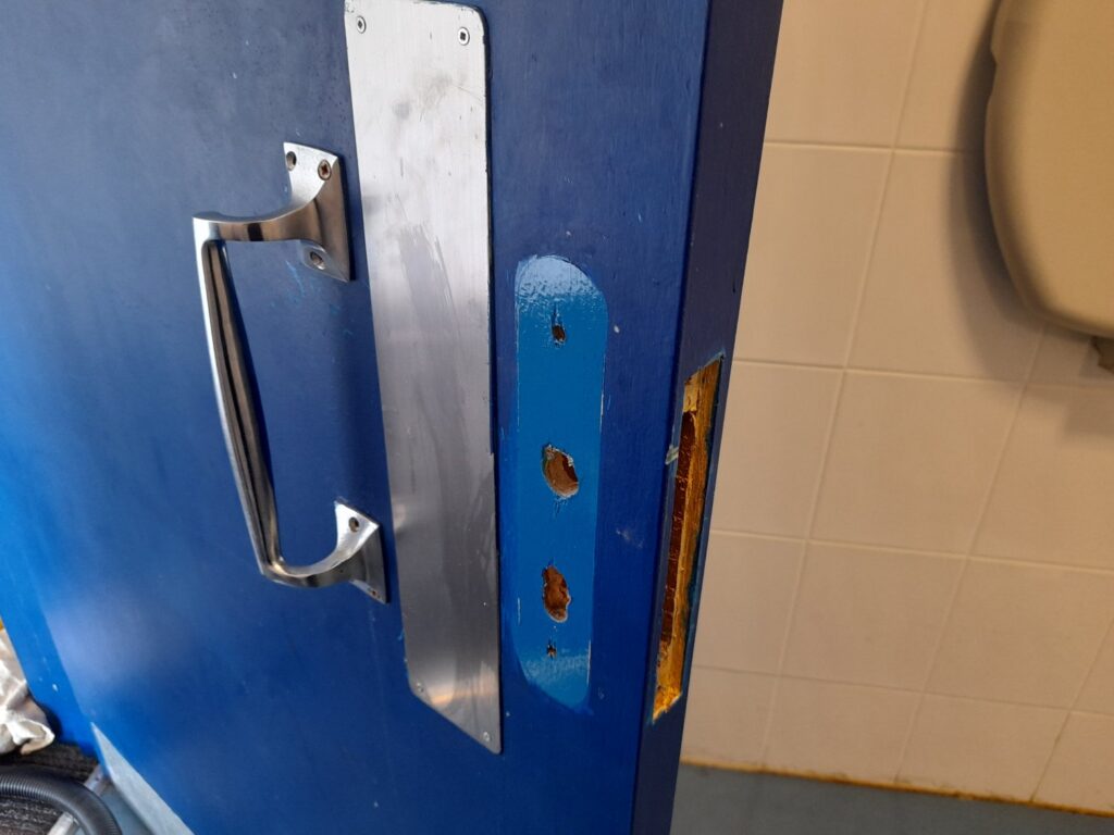 sennen radar lock 5 Old lock removed – RADAR lock replacement at Sennen Community Hall, Cornwall